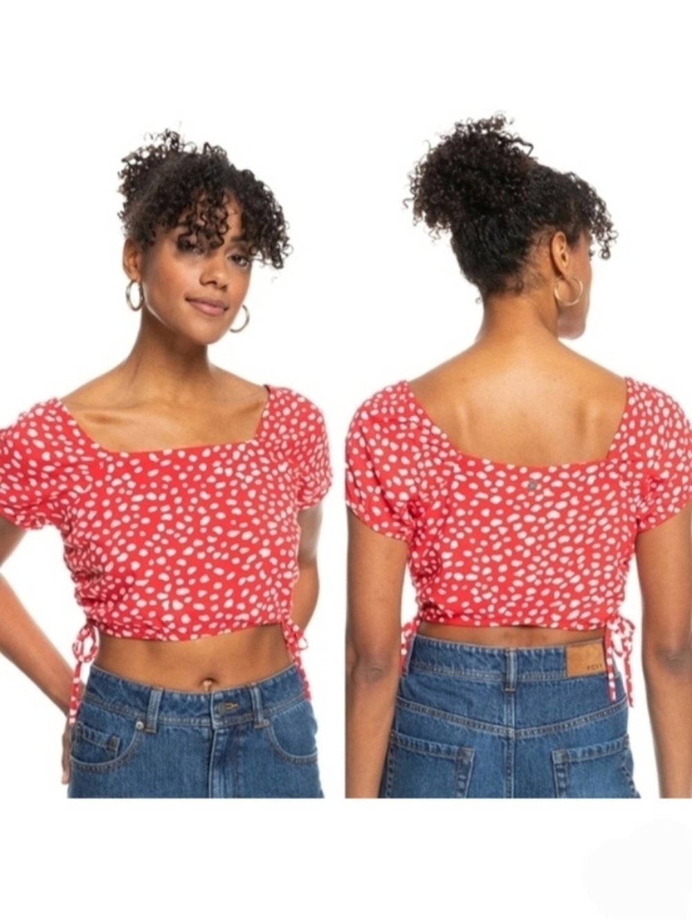2130 * Roxy Dear Amor Abstract Dot Crop Top Red White Size M